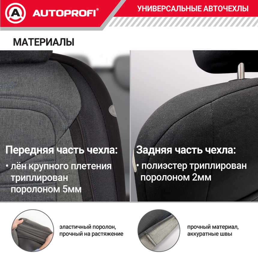 Комплект чехлов на сиденья LINEN, материал лён LIN-1505 BK/D.GY