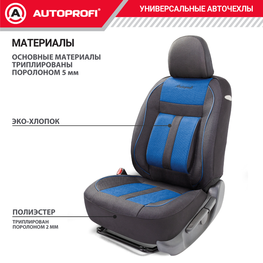 Комплект чехлов на сиденья CUSHION COMFORT, материал хлопок CUS-1505 BK/BL Комплект чехлов на сиденья CUSHION COMFORT, материал хлопок CUS-1505 BK/BL