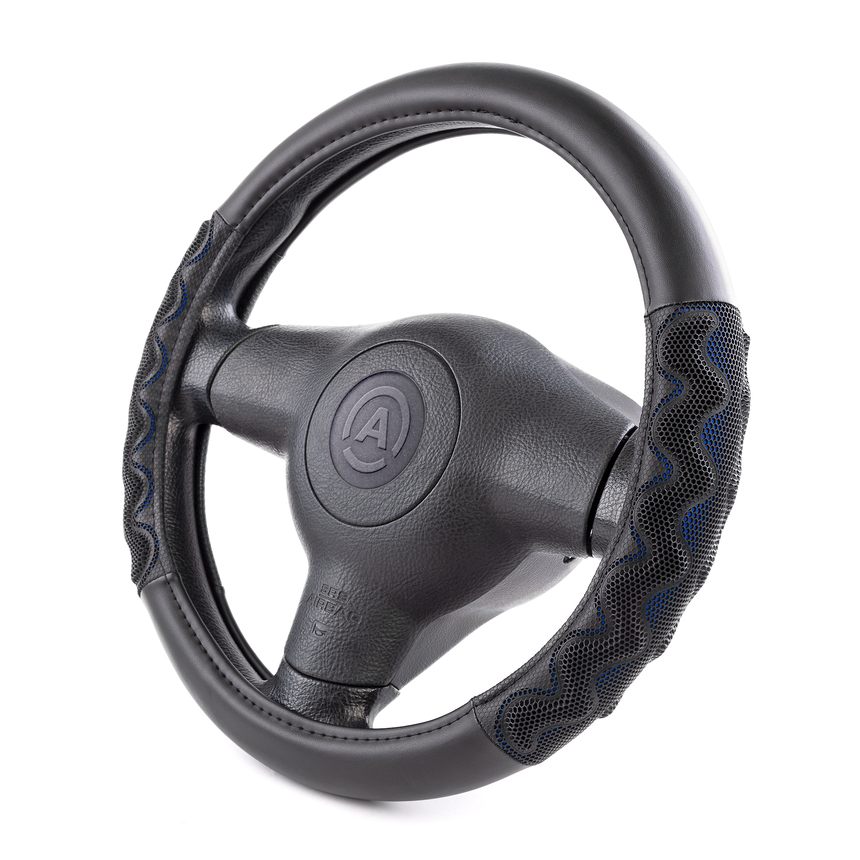 Оплётка руля AUTOPROFI из экокожи AP-1948 BK/BL (M)