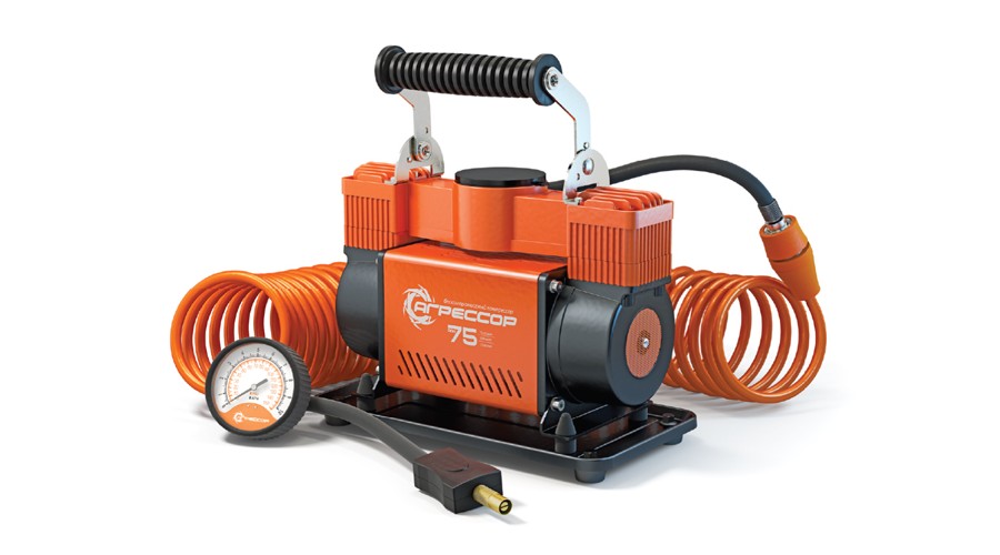 Двухпоршневой компрессор оранжевого цвета